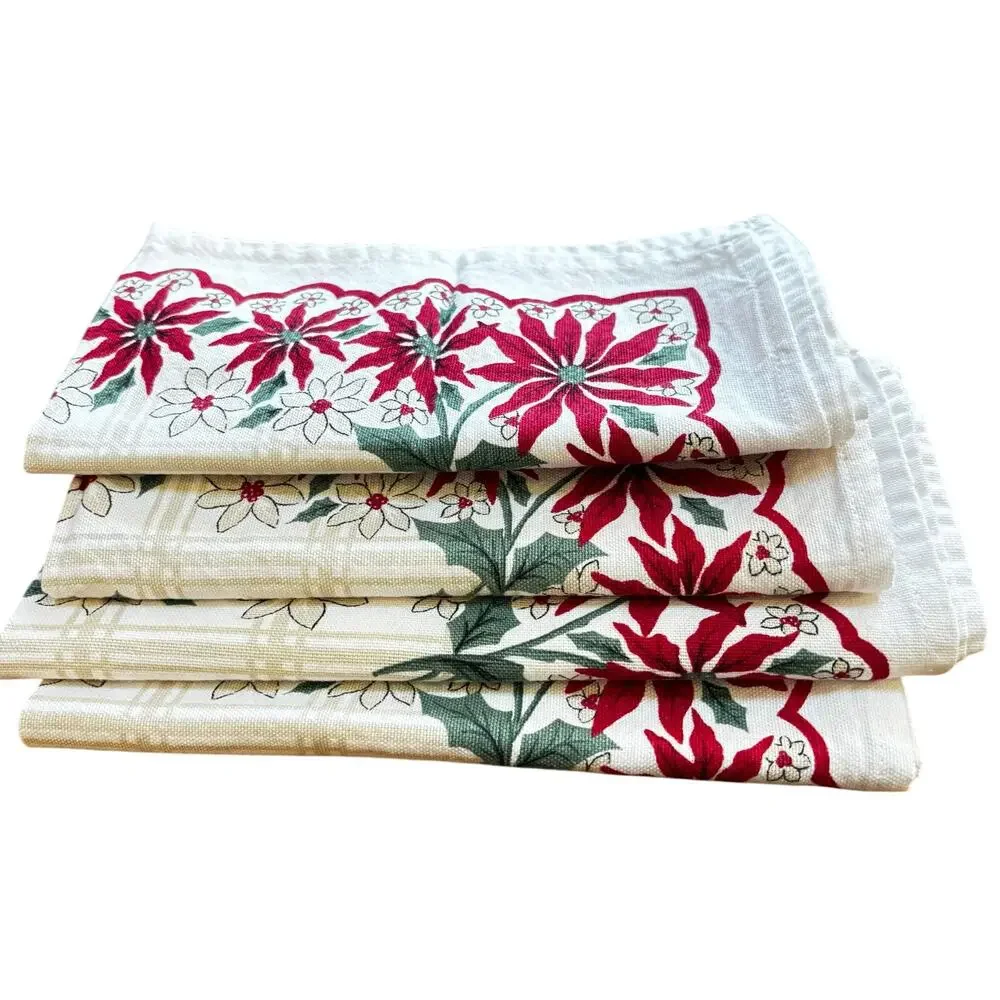 Christmas holiday cotton cloth napkins set of 4 red poinsettias white & green